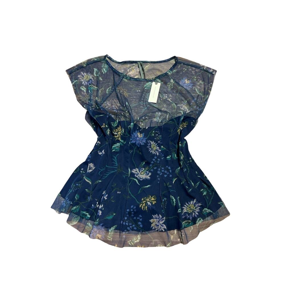 Anthropologie Womens Sheer Mesh Blouse Top L Navy Blue Multicolor Floral NWT